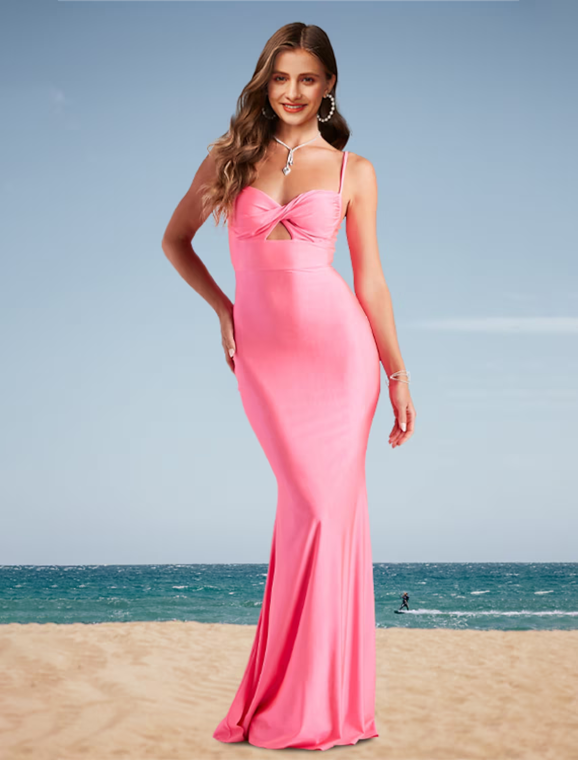 Cut Out Dress Holiday Floor Length Sleeveless Strap Spandex with Pleats