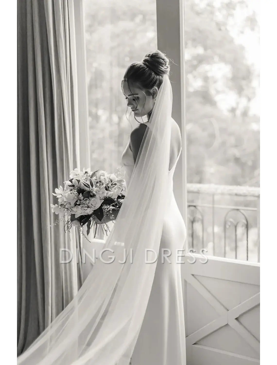Ding Ji One-tier Formal Style Simple Classic Timeless Wedding Veil Chapel Veils Pure Color Fantastic Veil