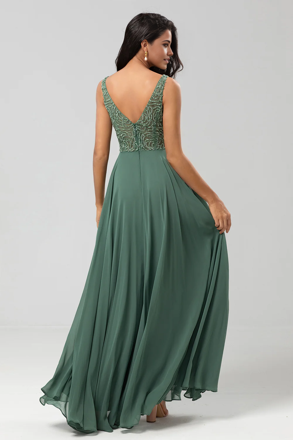 V Neck Beaded Long Twilight Elegant Prom Dresses