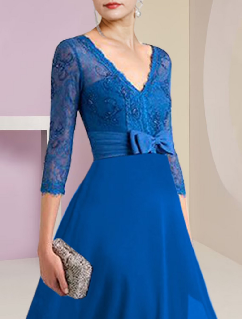 Mother of the Bride Dress Formal Wedding Guest Elegant High Low V Neck Asymmetrical Sleeve with Bow(s)