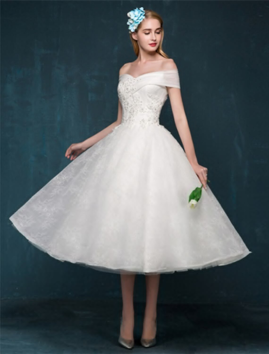 White Little Dresses Wedding Dresses Tea Length A-Line Short Sleeve Off Shoulder Beaded With Beading
