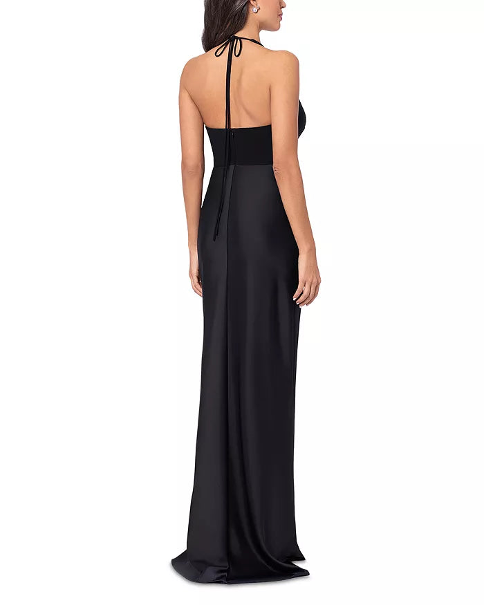 Black Halter V-Neck Mixed Fabric Ruched Mermaid Floor-Length Evening Dress
