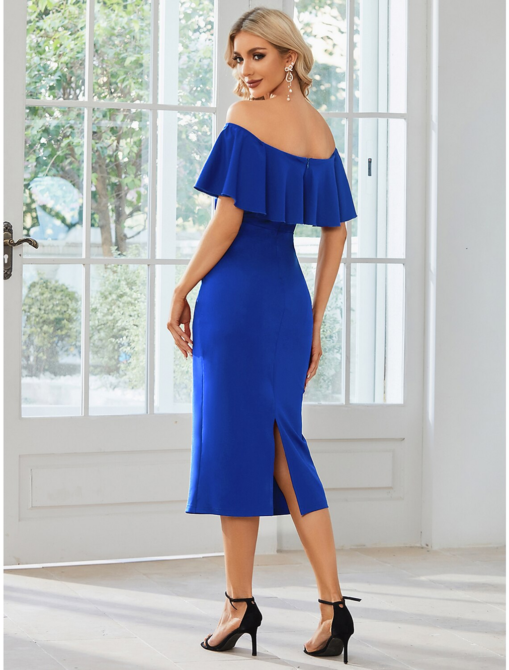 Wedding Guest Dresses Dress Party Wear Tea Length Short Sleeve Off Shoulder Fabric with Slit