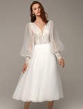 White Vintage Little Dresses Wedding Dresses Tea Length A-Line Long Sleeve V Neck With Applique
