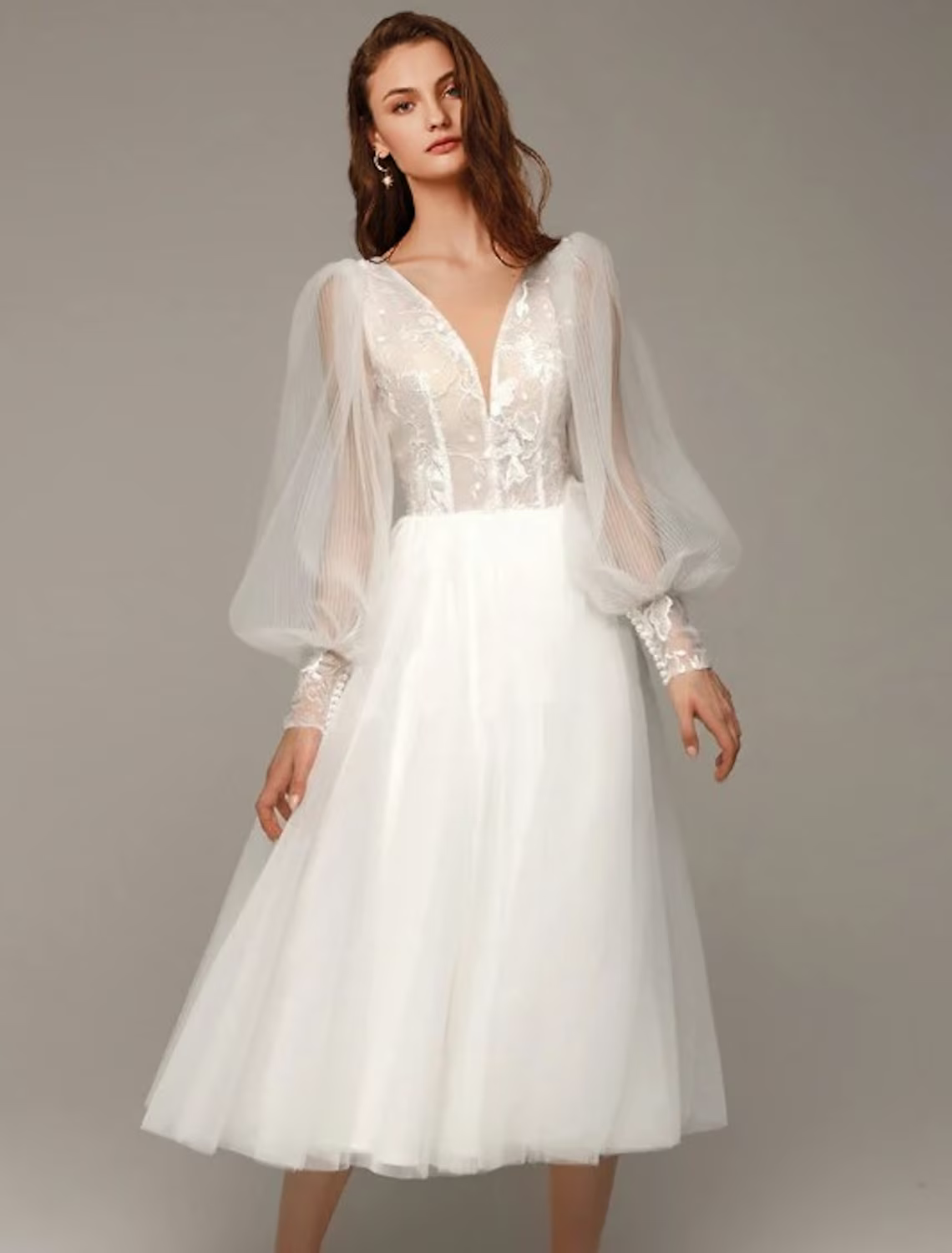 White Vintage Little Dresses Wedding Dresses Tea Length A-Line Long Sleeve V Neck With Applique