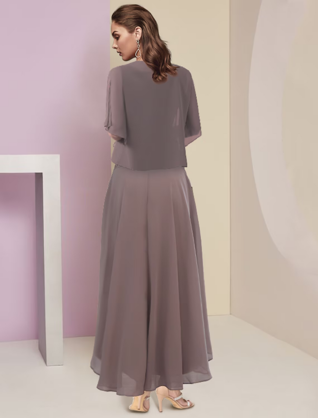 Two Piece A-Line Mother of the Bride Dress Formal Wedding Guest Party Elegant Scoop Neck Asymmetrical Sleeve Wrap Included with Beading Appliques