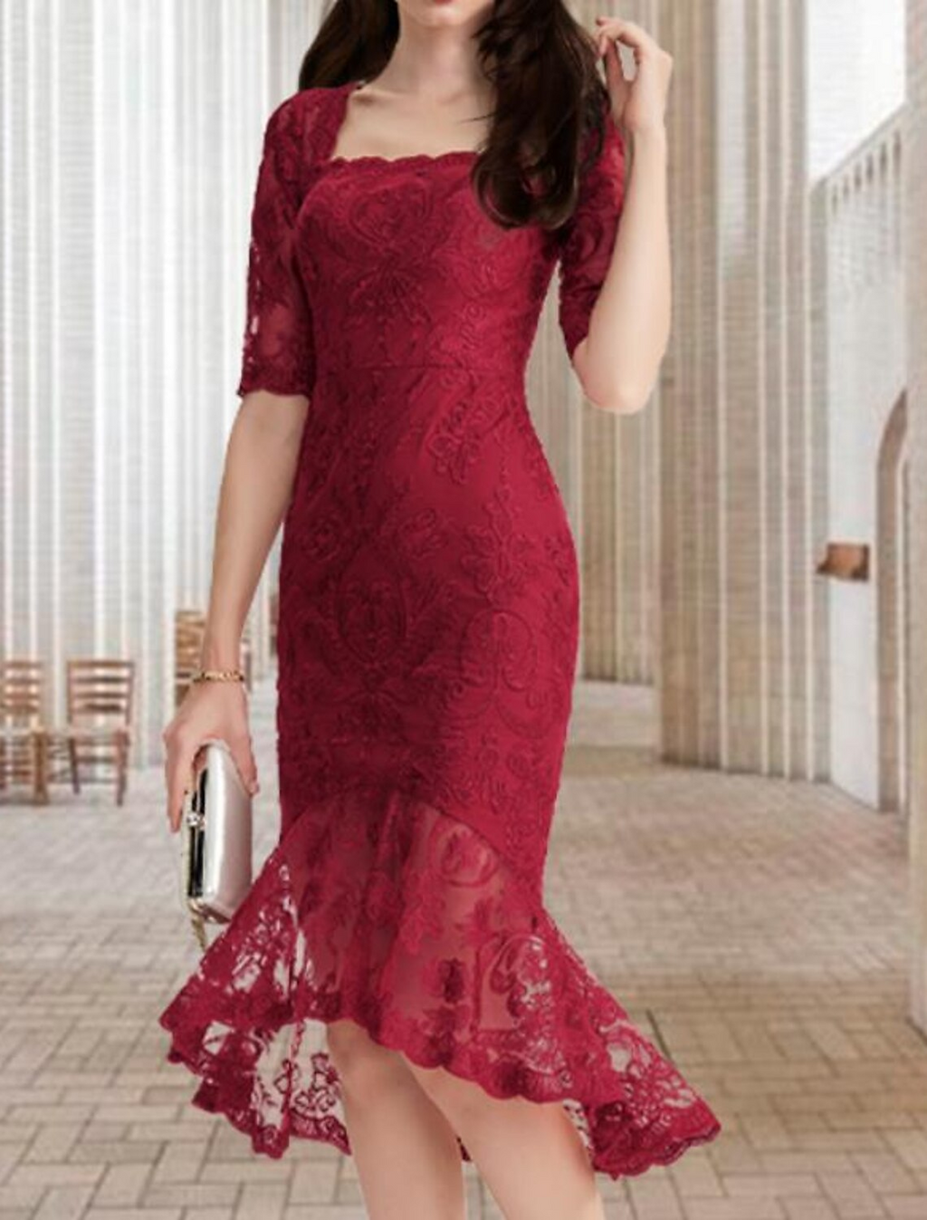 Mother of the Bride Dress Vintage Elegant High Low Square Neck Asymmetrical Half Sleeve with Ruffles Appliques