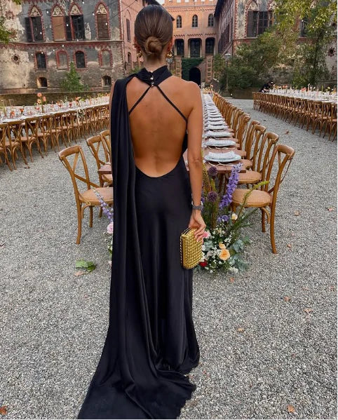 Long neck hanging ball gown and evening gown