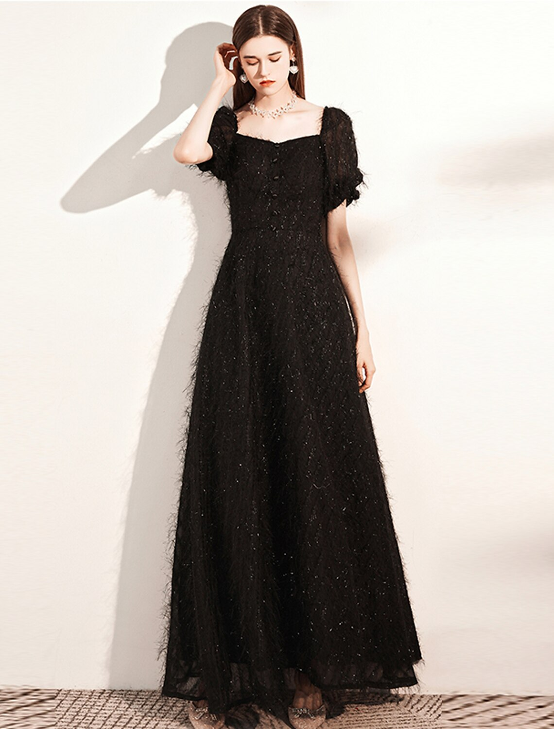 Evening Gown Dress Wedding Guest Floor Length Short Sleeve Scoop Neck with Buttons
