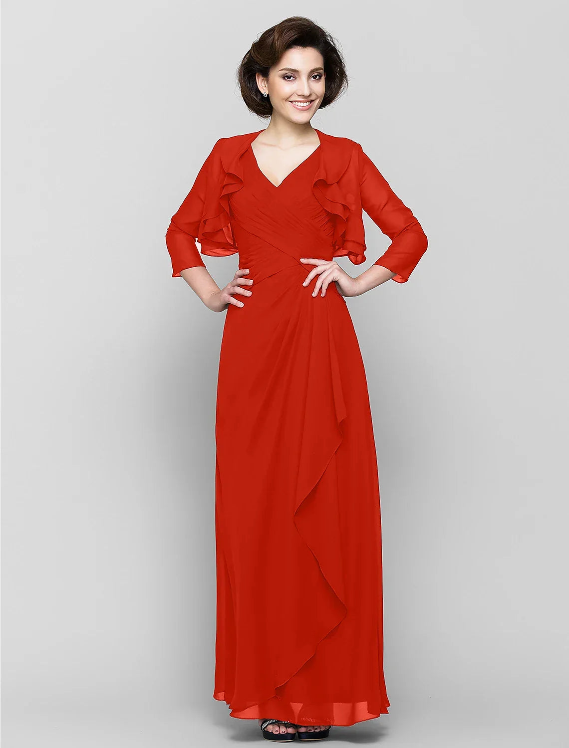 Sheath / Column Mother of the Bride Dress Convertible Dress V Neck Floor Length 3/4 Length Sleeve with Criss Cross Cascading Ruffles