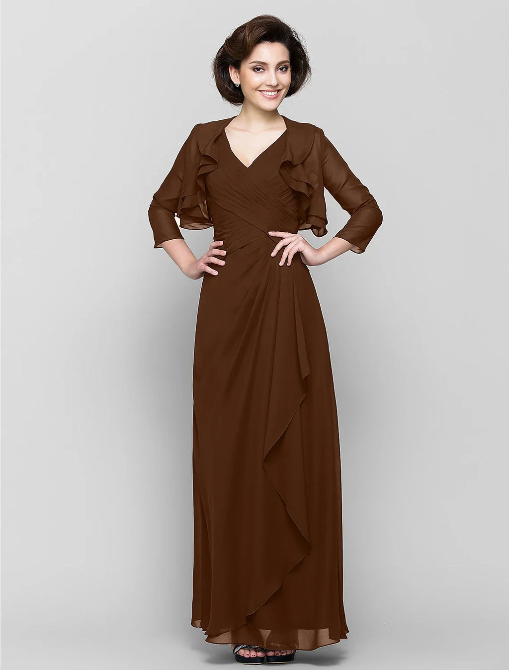 Sheath / Column Mother of the Bride Dress Convertible Dress V Neck Floor Length 3/4 Length Sleeve with Criss Cross Cascading Ruffles