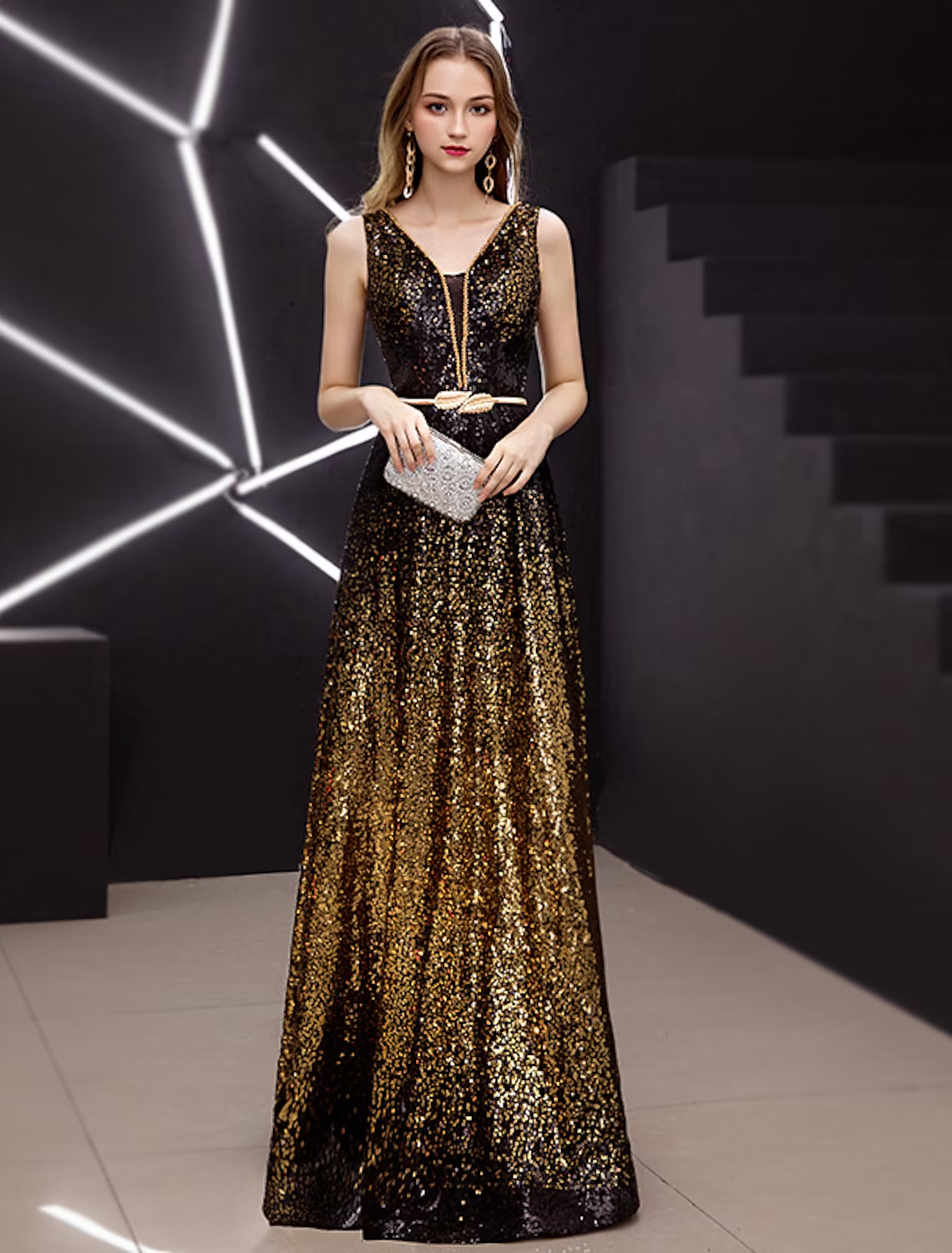 Minimalist Elegant Party Wear Formal Evening Dress V Neck Sleeveless Floor Length