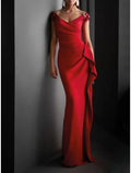 Green Sheath Party Dress Evening Gown Christmas Red Dress Formal Evening Sweep / Brush Train Short Sleeve V Neck Fall Wedding Guest with Draping
