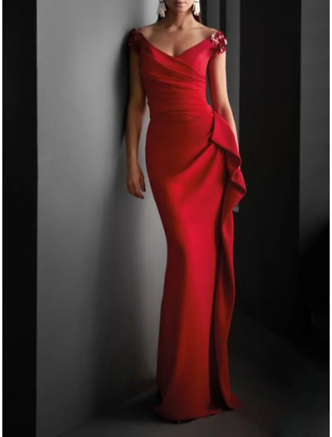 Green Sheath Party Dress Evening Gown Christmas Red Dress Formal Evening Sweep / Brush Train Short Sleeve V Neck Fall Wedding Guest with Draping