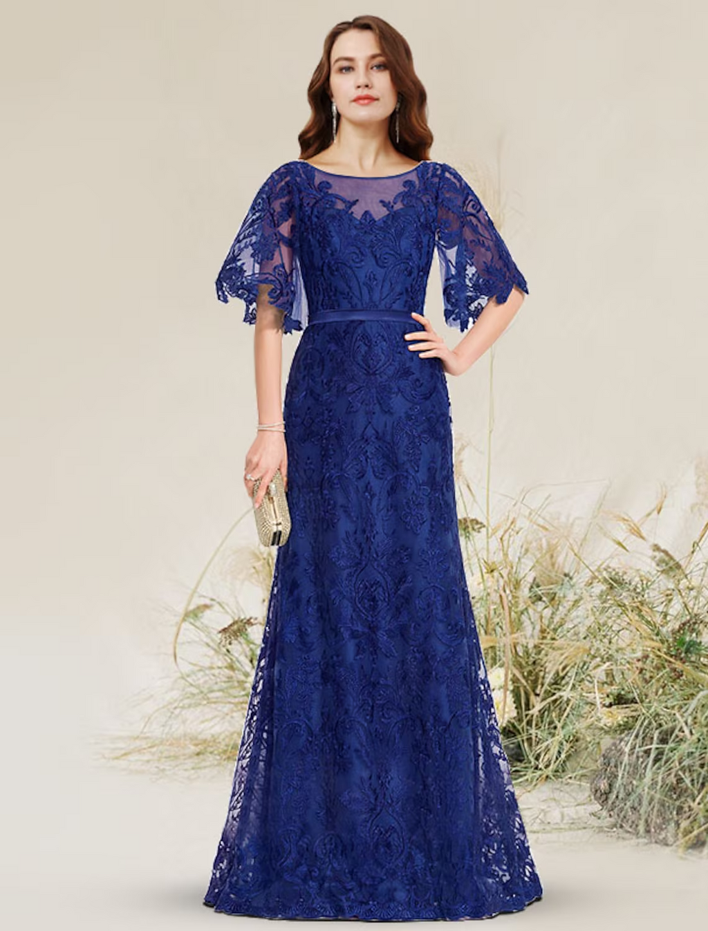 Evening Gown Elegant Dress Engagement Floor Length Short Sleeve Jewel Neck