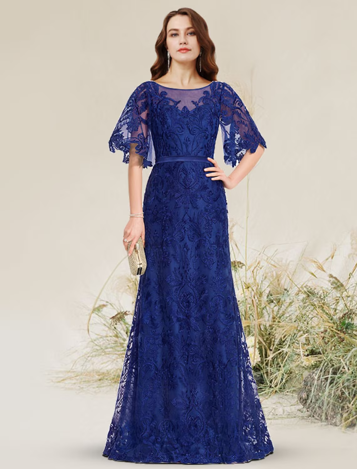 Evening Gown Elegant Dress Engagement Floor Length Short Sleeve Jewel Neck