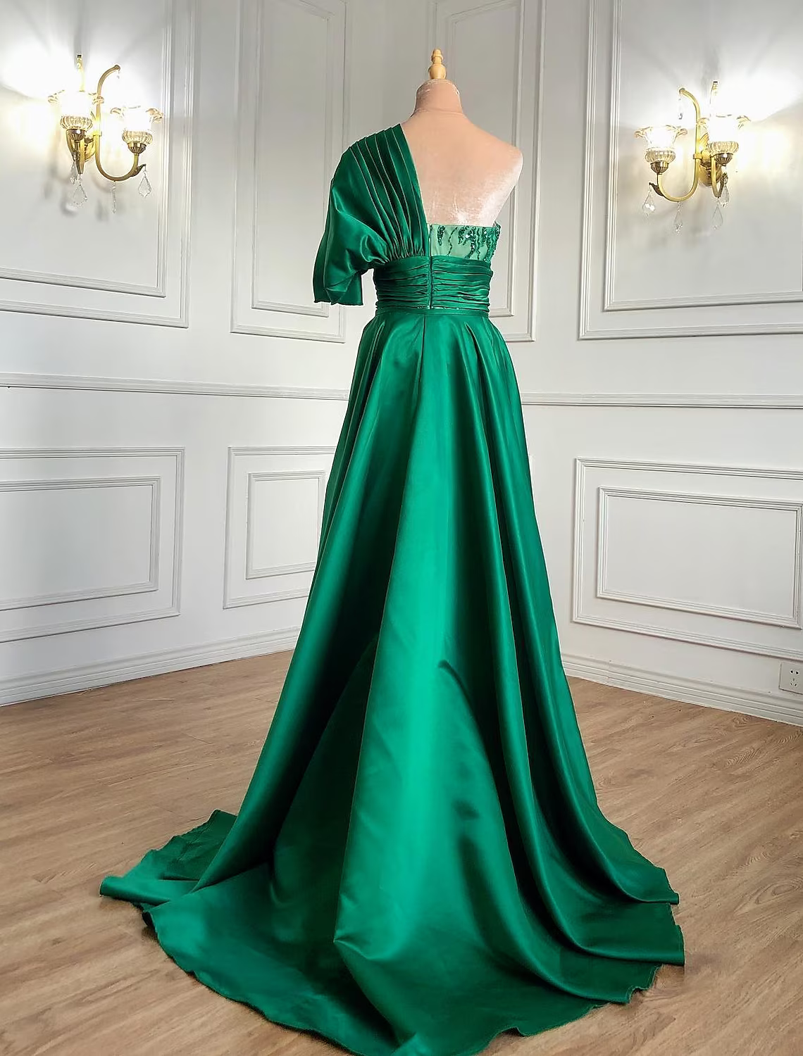 Evening Gown Luxurious Dress Formal Short Sleeve One Shoulder Charmeuse with Ruched Crystals