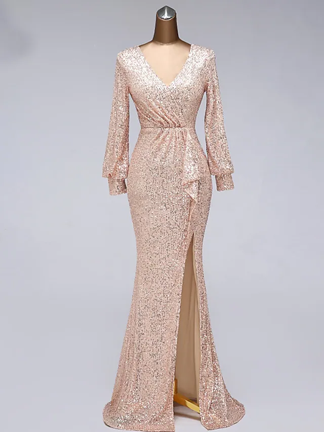 Evening Gown Elegant Dress Wedding Guest Floor Length Long Sleeve V Neck with Slit