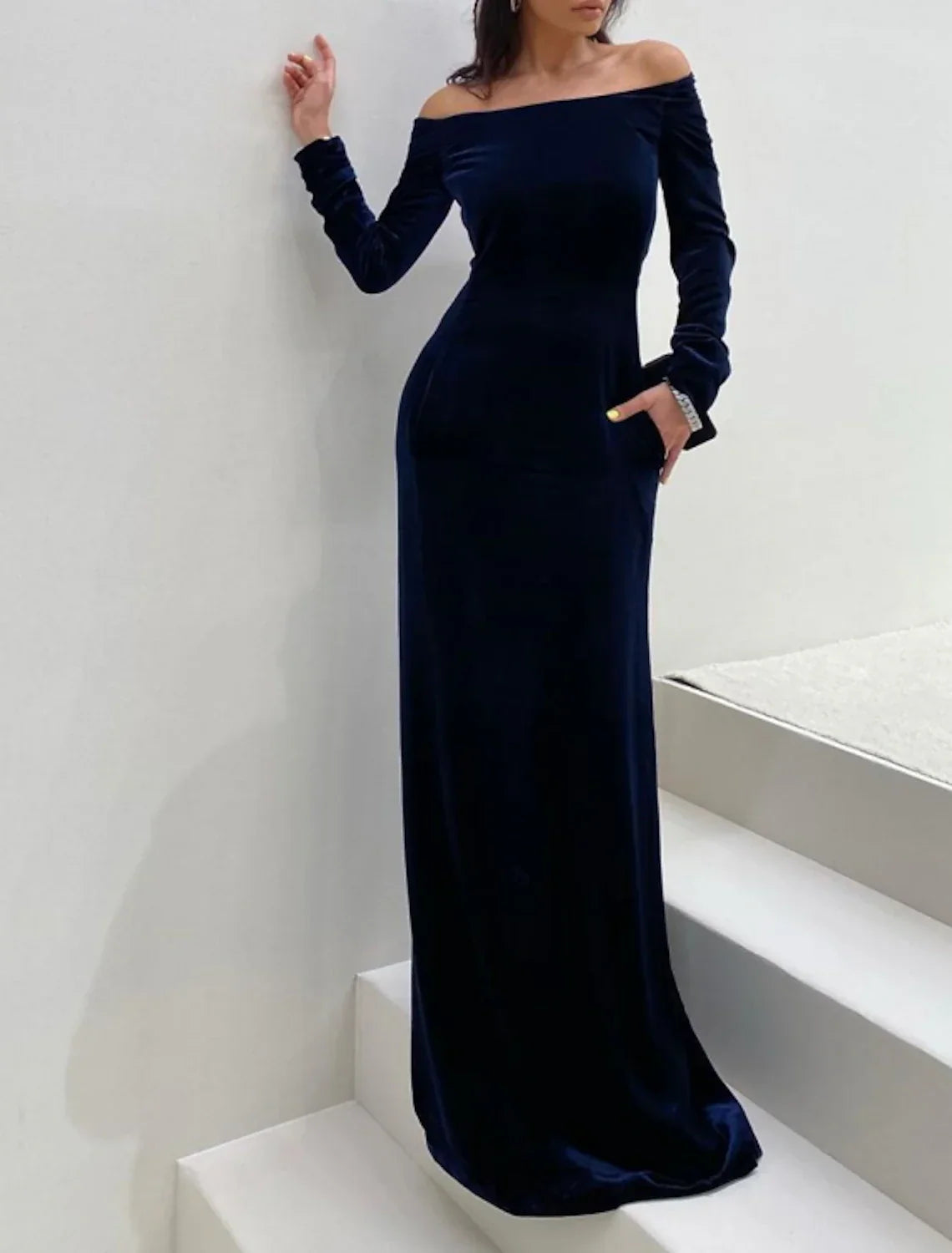 Sheath / Column Evening Gown Minimalist Dress Formal Evening Floor Length Long Sleeve Off Shoulder Fall Wedding Guest with Sleek