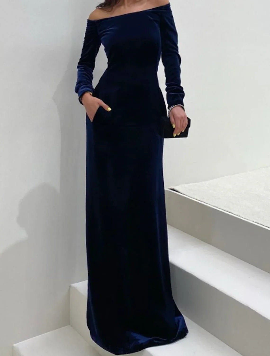 Sheath / Column Evening Gown Minimalist Dress Formal Evening Floor Length Long Sleeve Off Shoulder Fall Wedding Guest with Sleek