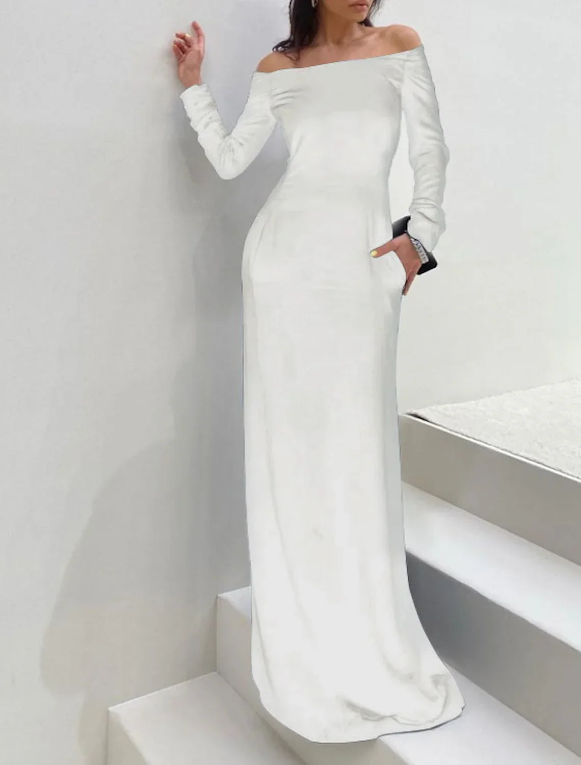Sheath / Column Evening Gown Minimalist Dress Formal Evening Floor Length Long Sleeve Off Shoulder Fall Wedding Guest with Sleek