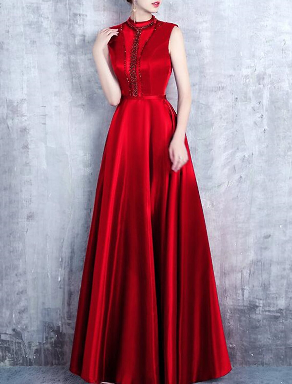 Evening Gown Elegant Dress Formal Wedding Guest Floor Length Sleeveless High Neck with Pleats