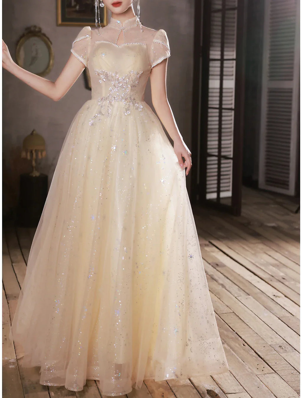 Evening Gown Sparkle & Shine Dress Engagement Prom Floor Length Short Sleeve Stand Collar with Buttons Ruched Pearls