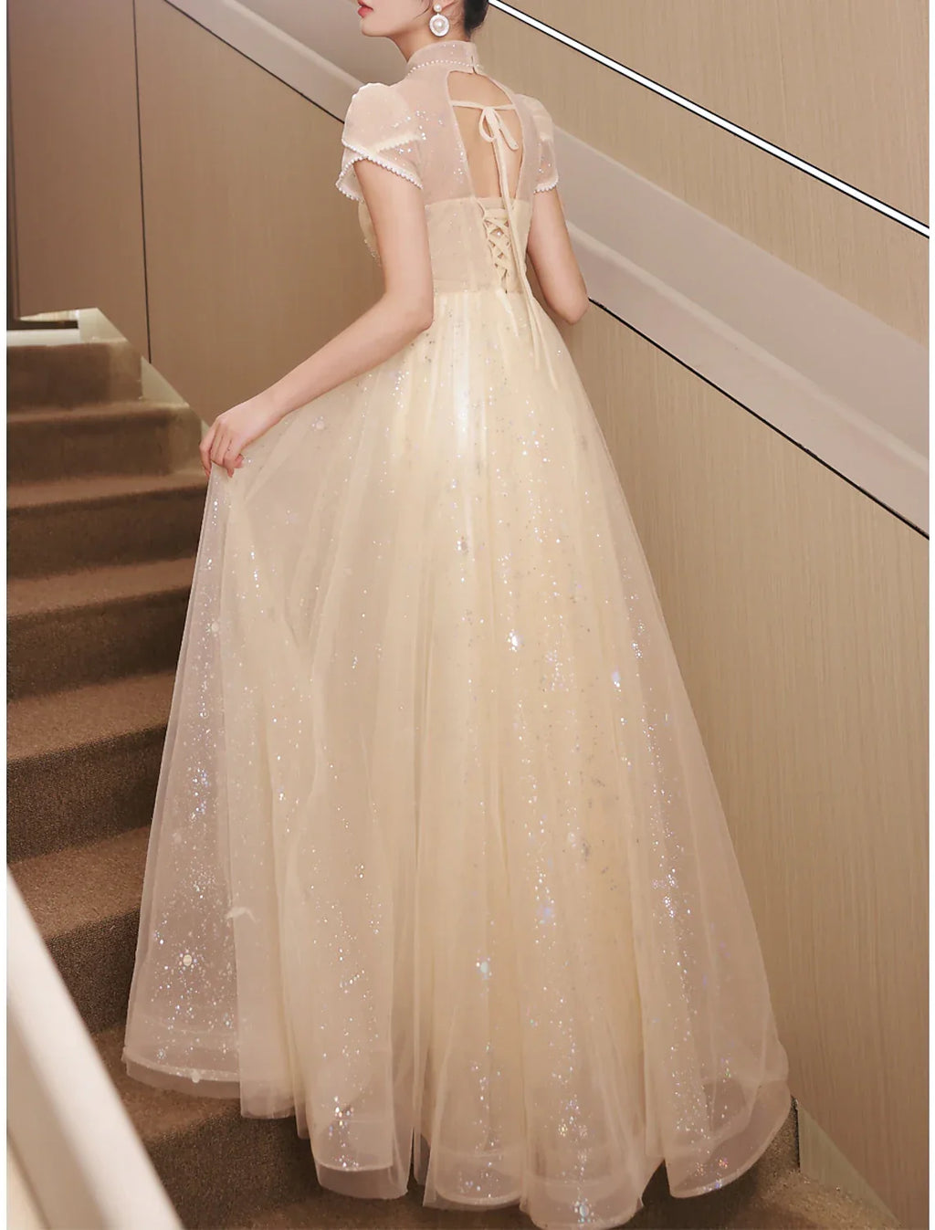 Evening Gown Sparkle & Shine Dress Engagement Prom Floor Length Short Sleeve Stand Collar with Buttons Ruched Pearls