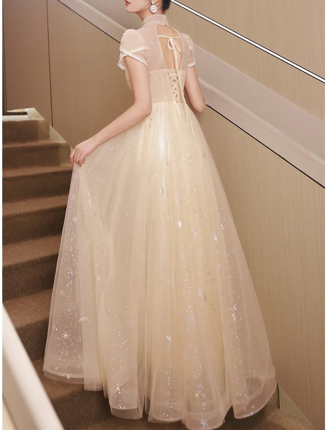 Evening Gown Sparkle & Shine Dress Engagement Prom Floor Length Short Sleeve Stand Collar with Buttons Ruched Pearls