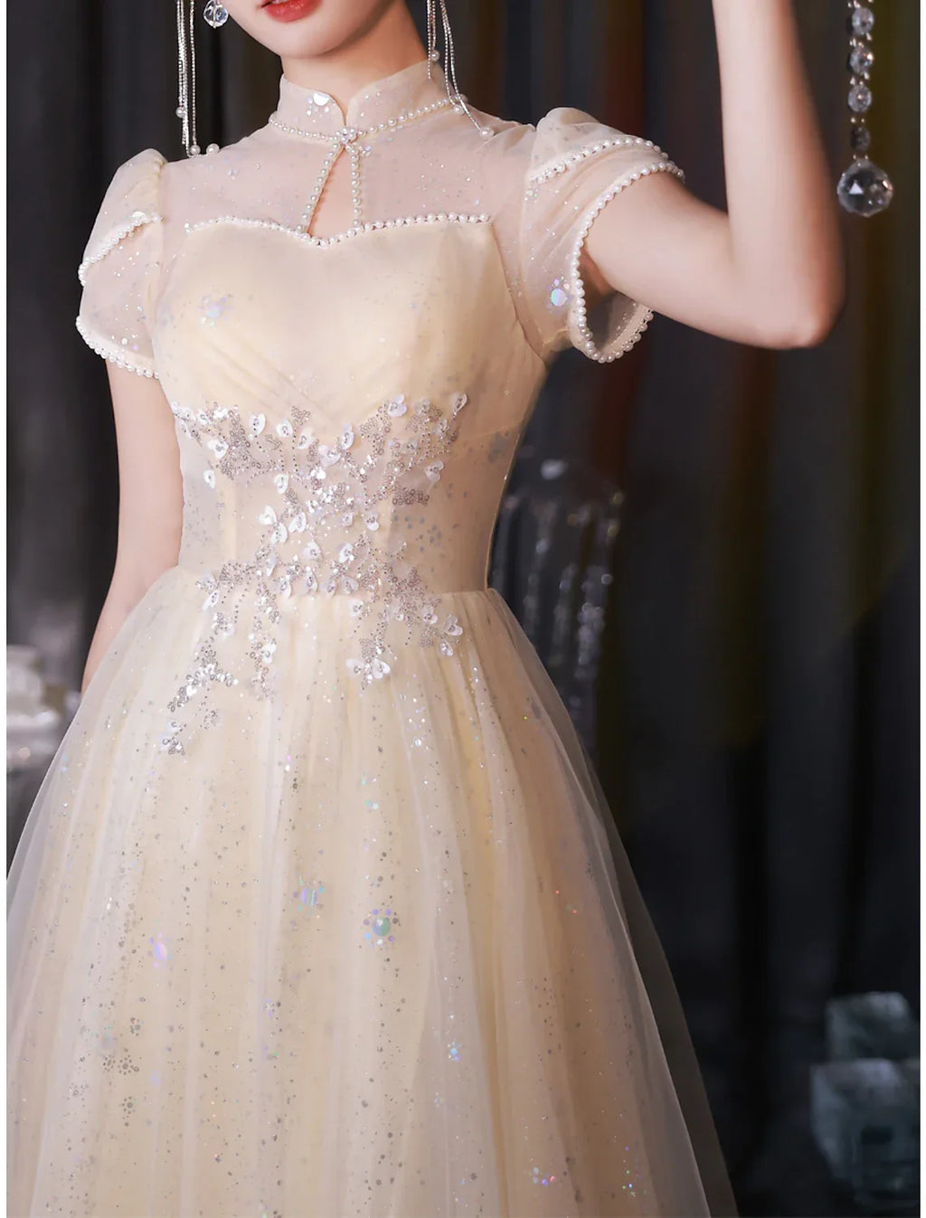 Evening Gown Sparkle & Shine Dress Engagement Prom Floor Length Short Sleeve Stand Collar with Buttons Ruched Pearls