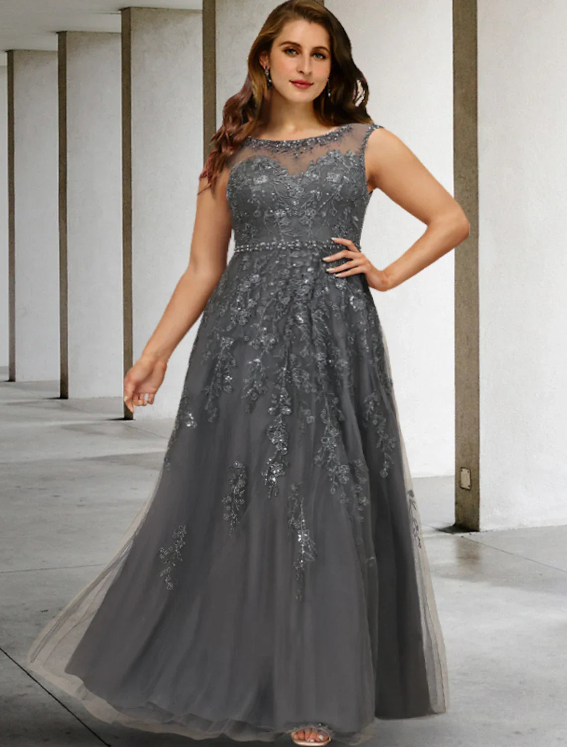 Mother of the Bride Dresses Plus Size Hide Belly Curve Elegant Dress Formal Floor Length Sleeveless Jewel Neck with Beading Appliques