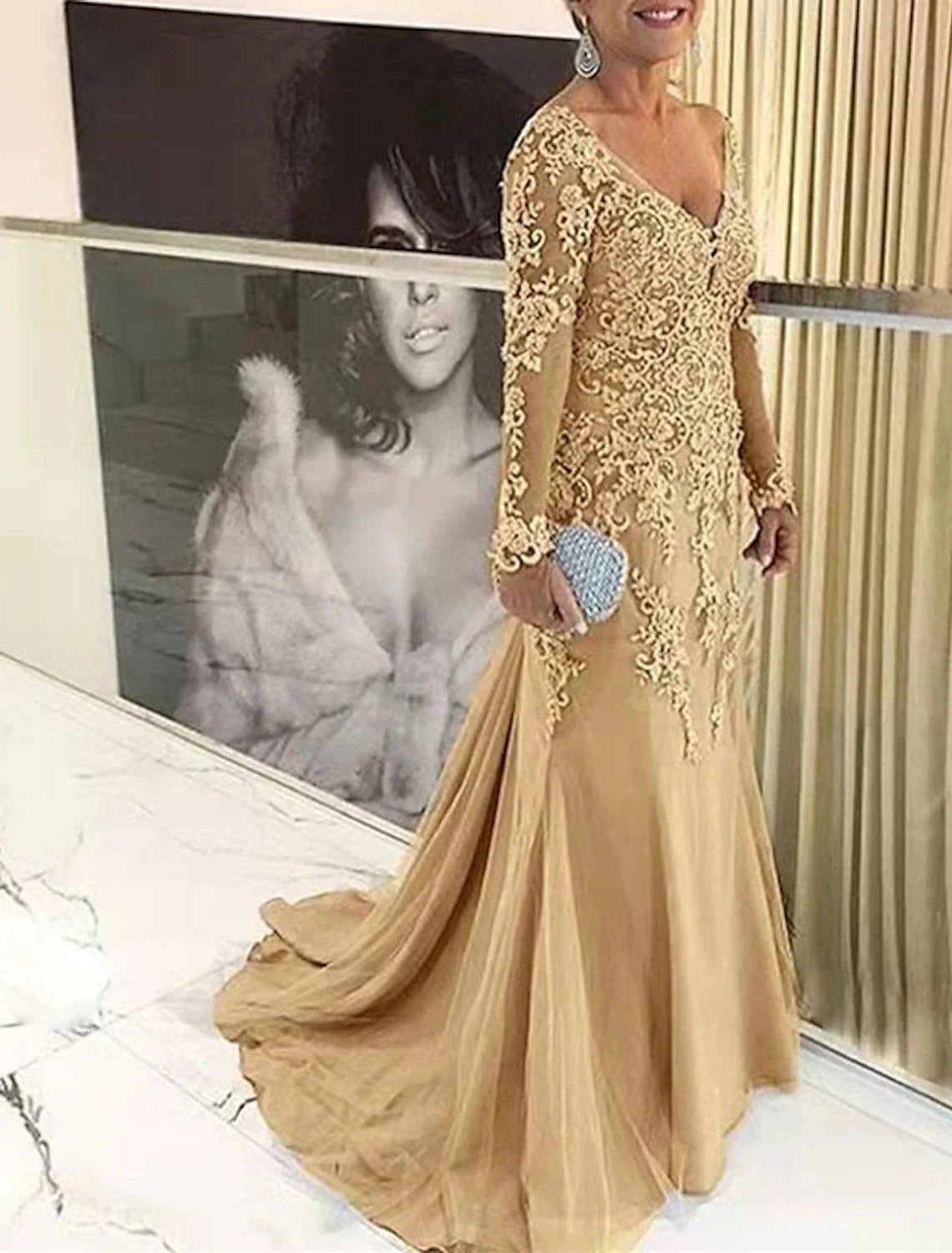 Mermaid / Trumpet Mother of the Bride Dresses Plus Size Hide Belly Curve Fall Wedding Guest Dresses Formal Sweep / Brush Train Long Sleeve V Neck with Appliques