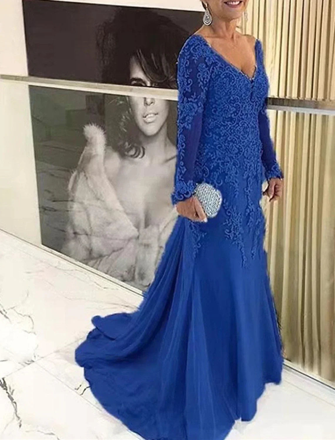 Mermaid / Trumpet Mother of the Bride Dresses Plus Size Hide Belly Curve Fall Wedding Guest Dresses Formal Sweep / Brush Train Long Sleeve V Neck with Appliques