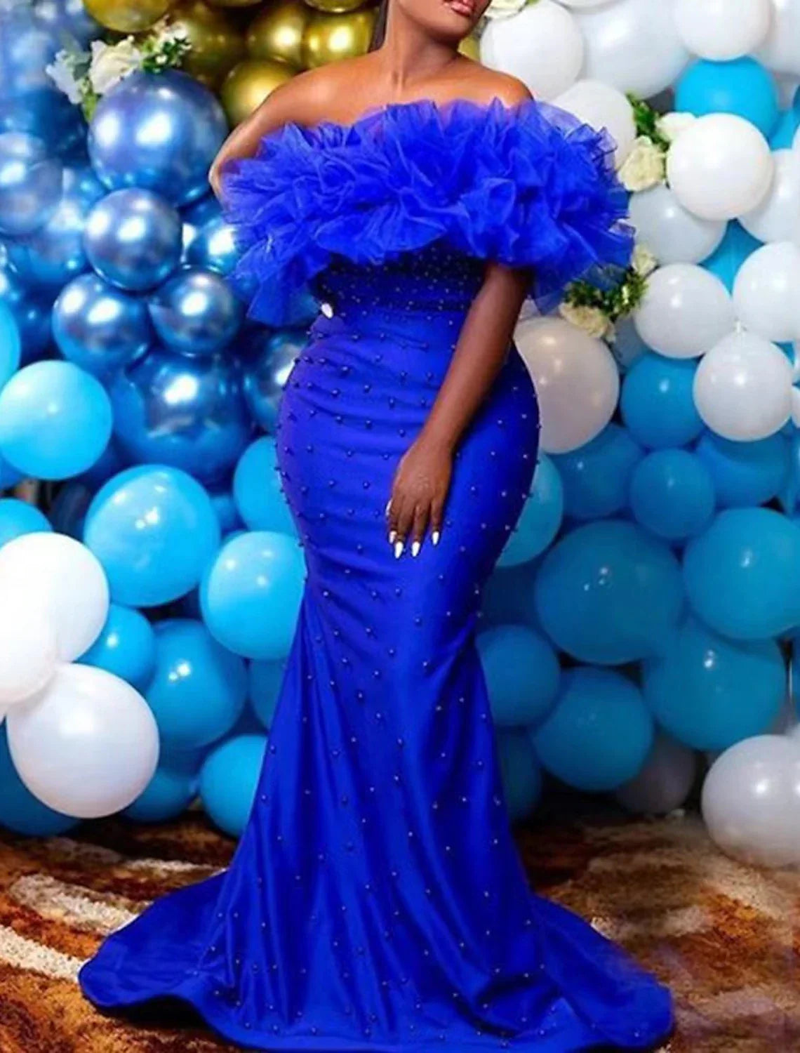 Mermaid / Trumpet Evening Gown Sexy Dress Formal Wedding Guest Sweep / Brush Train Sleeveless Strapless with Pearls