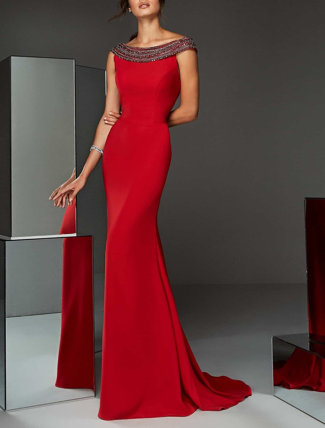 Mermaid / Trumpet Evening Gown Maxi Dress Formal Wedding Guest Sweep / Brush Train Sleeveless Jewel Neck with Crystals