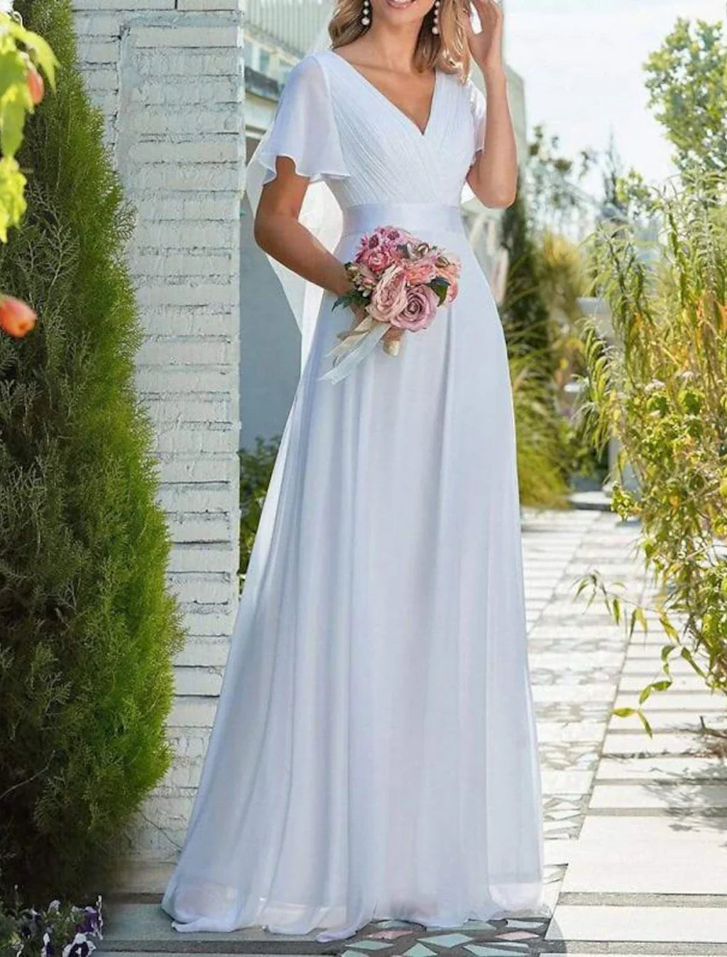 Evening Gown Elegant Dress Wedding Guest Wedding Party Floor Length Half Sleeve V Neck Bridesmaid Dress V Back with Pleats