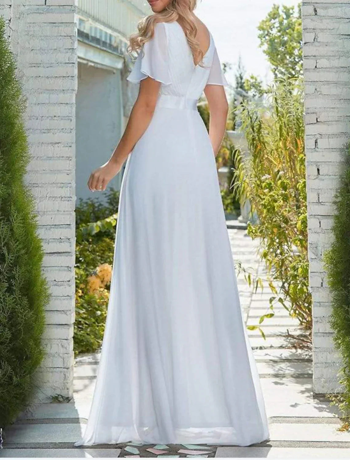 Evening Gown Elegant Dress Wedding Guest Wedding Party Floor Length Half Sleeve V Neck Bridesmaid Dress V Back with Pleats