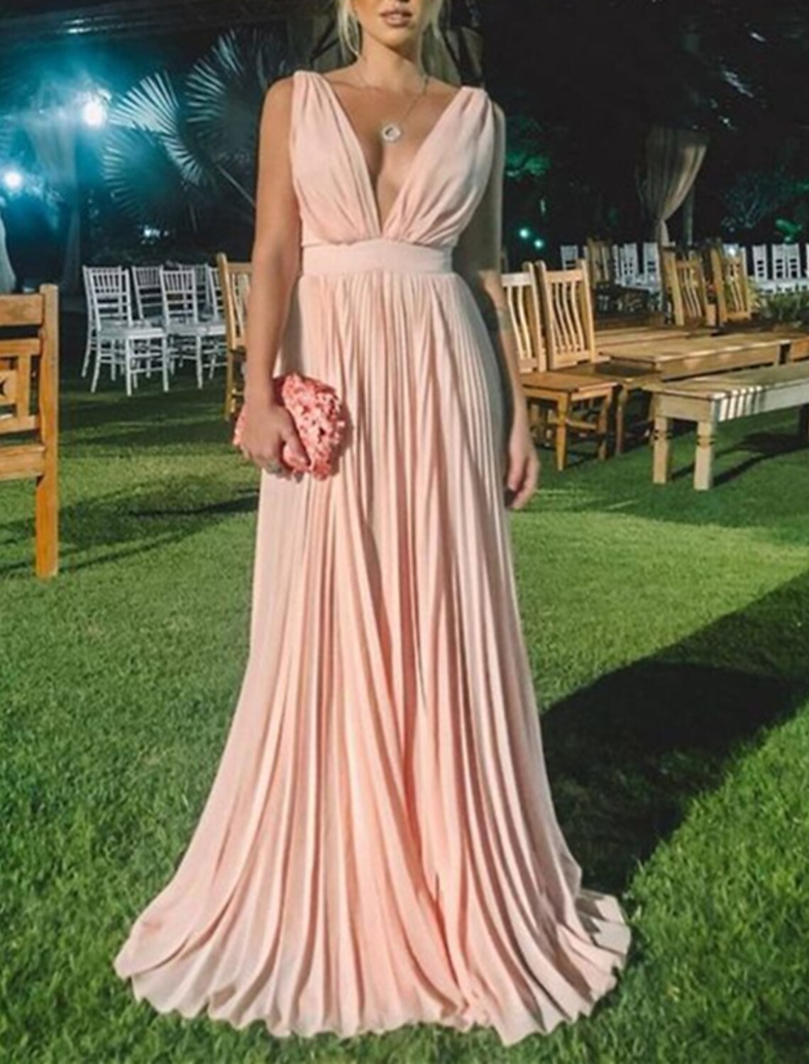 Wedding Guest Dresses Elegant Dress Formal Wedding Guest Sweep / Brush Train Sleeveless V Neck Bridesmaid Dress with Pleats