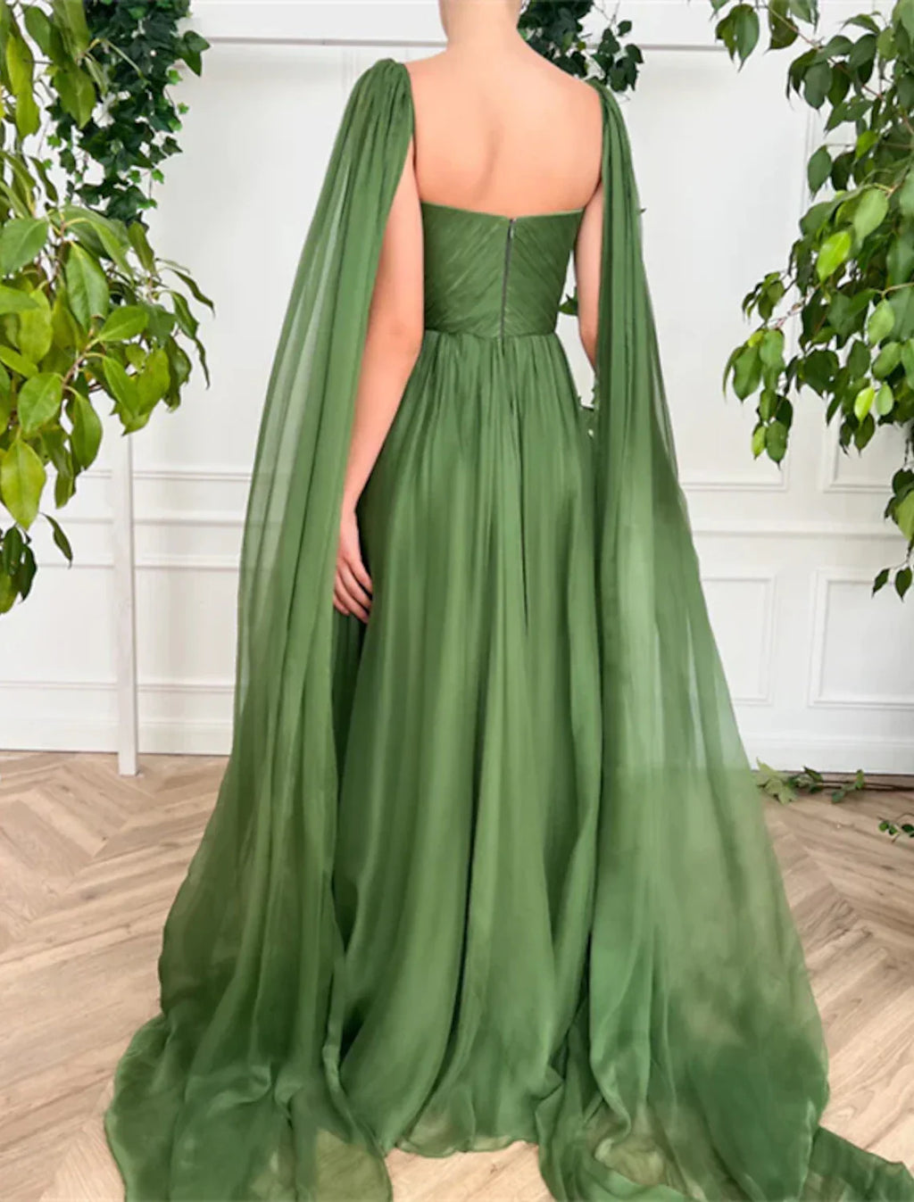 Evening Gown Maxi Dress Wedding Party Court Train Sleeveless V Neck Fall Wedding Guest with Ruched