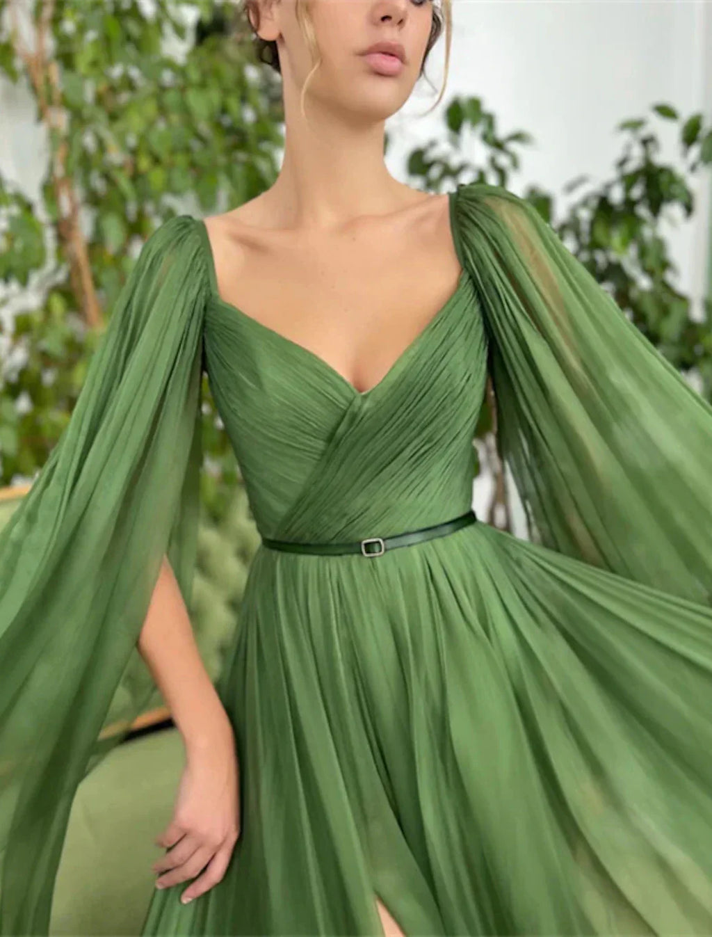 Evening Gown Maxi Dress Wedding Party Court Train Sleeveless V Neck Fall Wedding Guest with Ruched
