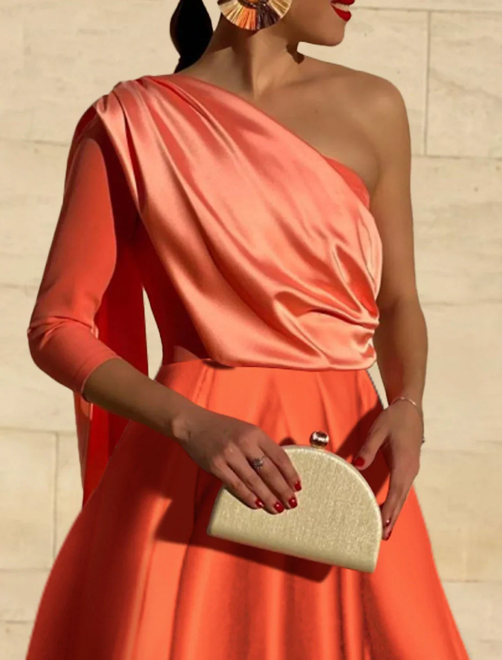 Evening Gown Elegant Dress Formal Wedding Party Tea Length 3/4 Length Sleeve One Shoulder Fall Wedding Guest with Ruched