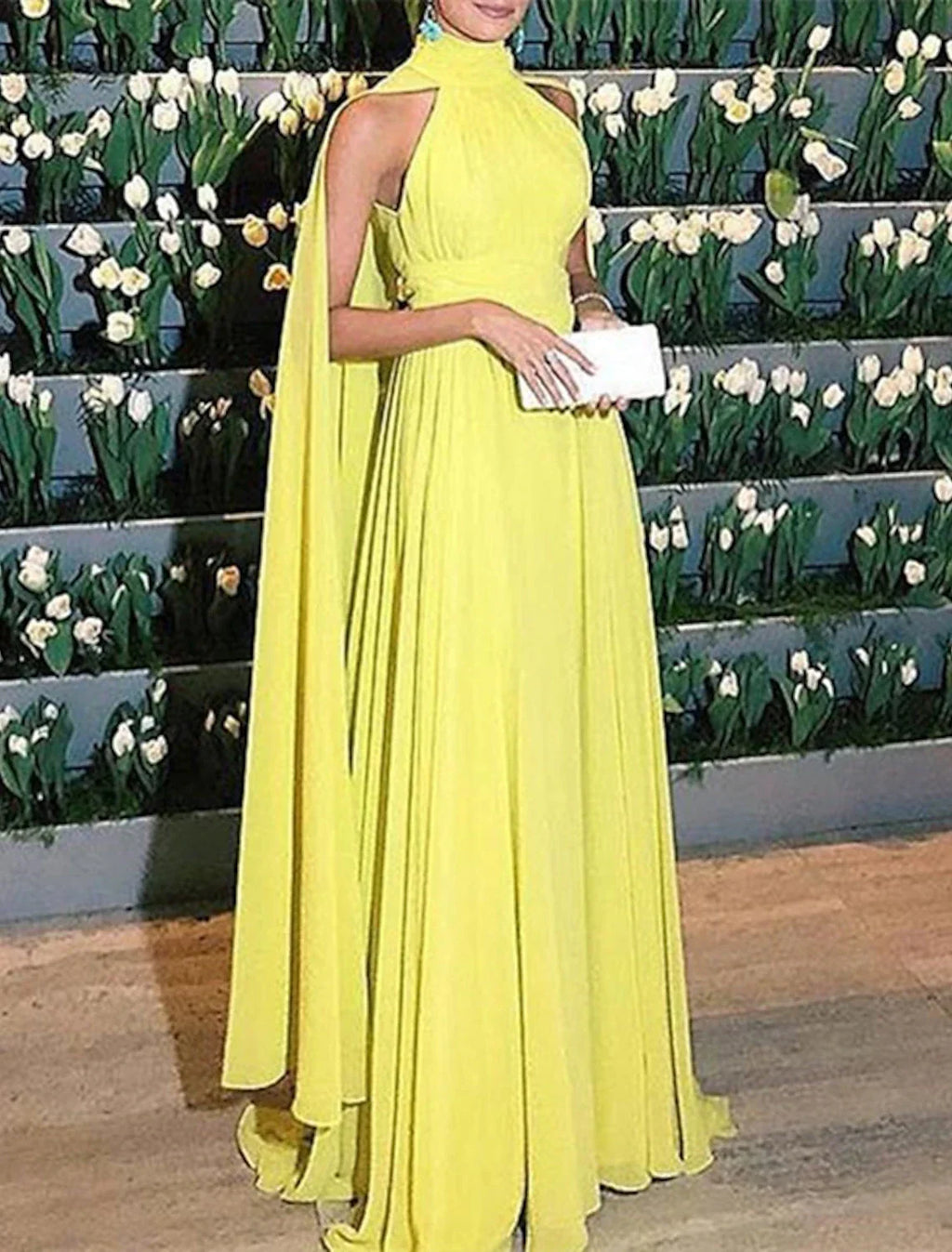 Evening Gown Maxi Dress Formal Wedding Guest Floor Length Sleeveless High Neck Capes with Ruched