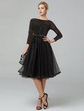 Cocktail Dresses Sparkle & Shine Dress Formal Wedding Guest Tea Length 3/4 Length Sleeve Jewel Neck Fall Wedding Guest with Strappy