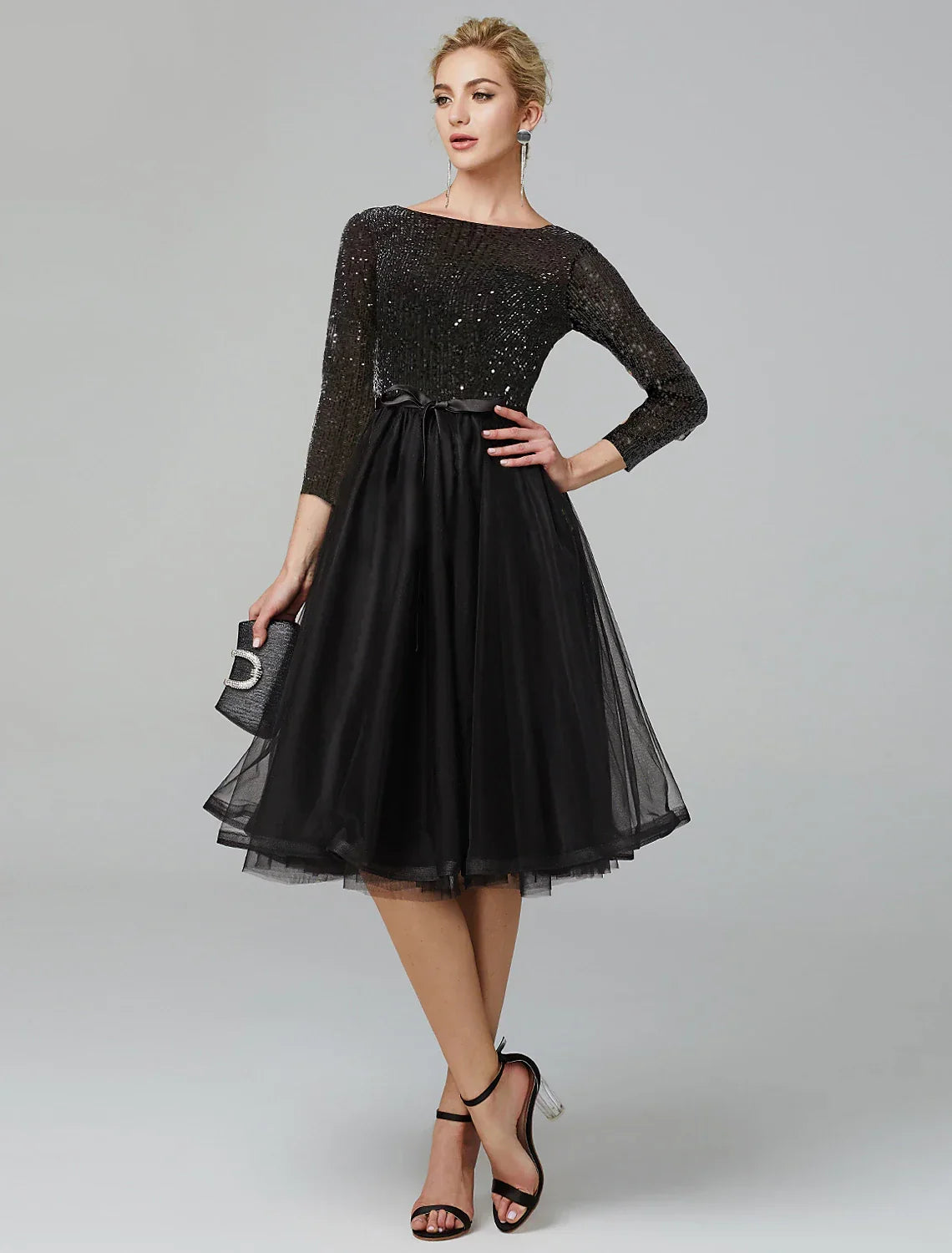 Cocktail Dresses Sparkle & Shine Dress Formal Wedding Guest Tea Length 3/4 Length Sleeve Jewel Neck Fall Wedding Guest with Strappy