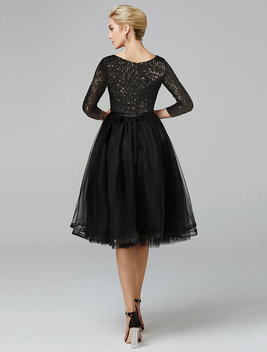 Cocktail Dresses Sparkle & Shine Dress Formal Wedding Guest Tea Length 3/4 Length Sleeve Jewel Neck Fall Wedding Guest with Strappy