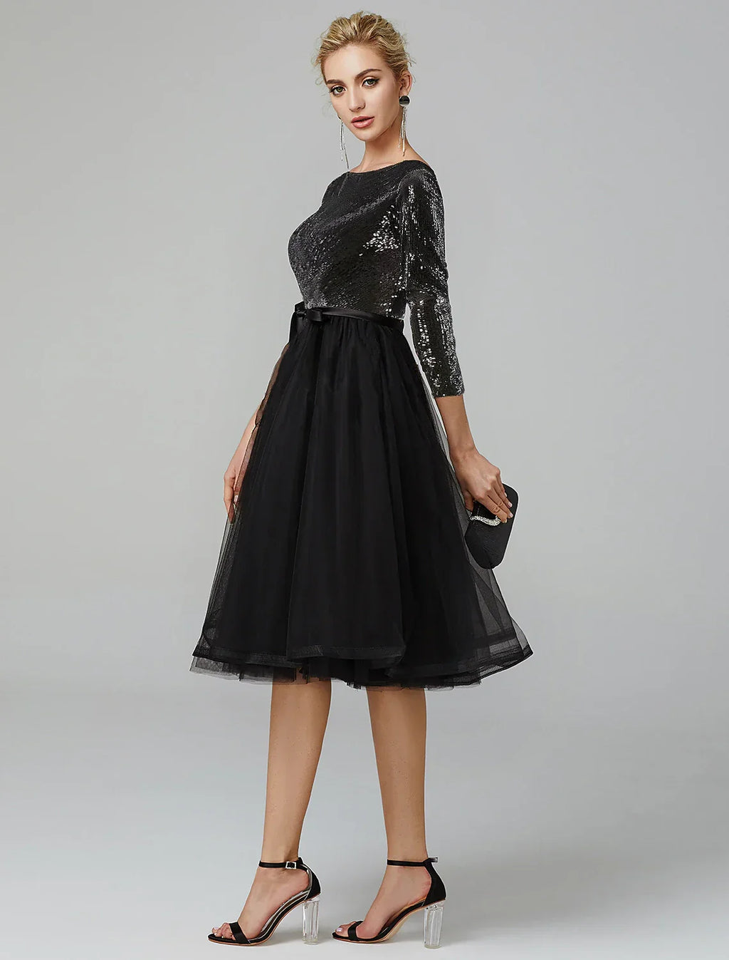 Cocktail Dresses Sparkle & Shine Dress Formal Wedding Guest Tea Length 3/4 Length Sleeve Jewel Neck Fall Wedding Guest with Strappy
