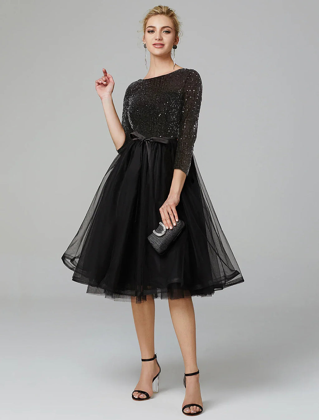 Cocktail Dresses Sparkle & Shine Dress Formal Wedding Guest Tea Length 3/4 Length Sleeve Jewel Neck Fall Wedding Guest with Strappy
