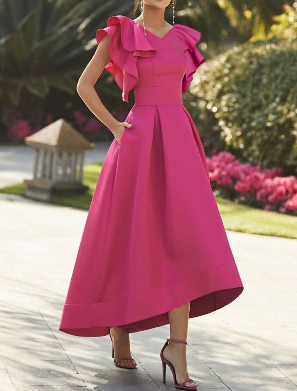Cocktail Party Dress Elegant Dress Semi Formal Asymmetrical Sleeveless V Neck Fall Wedding Guest Fabric with Ruffles
