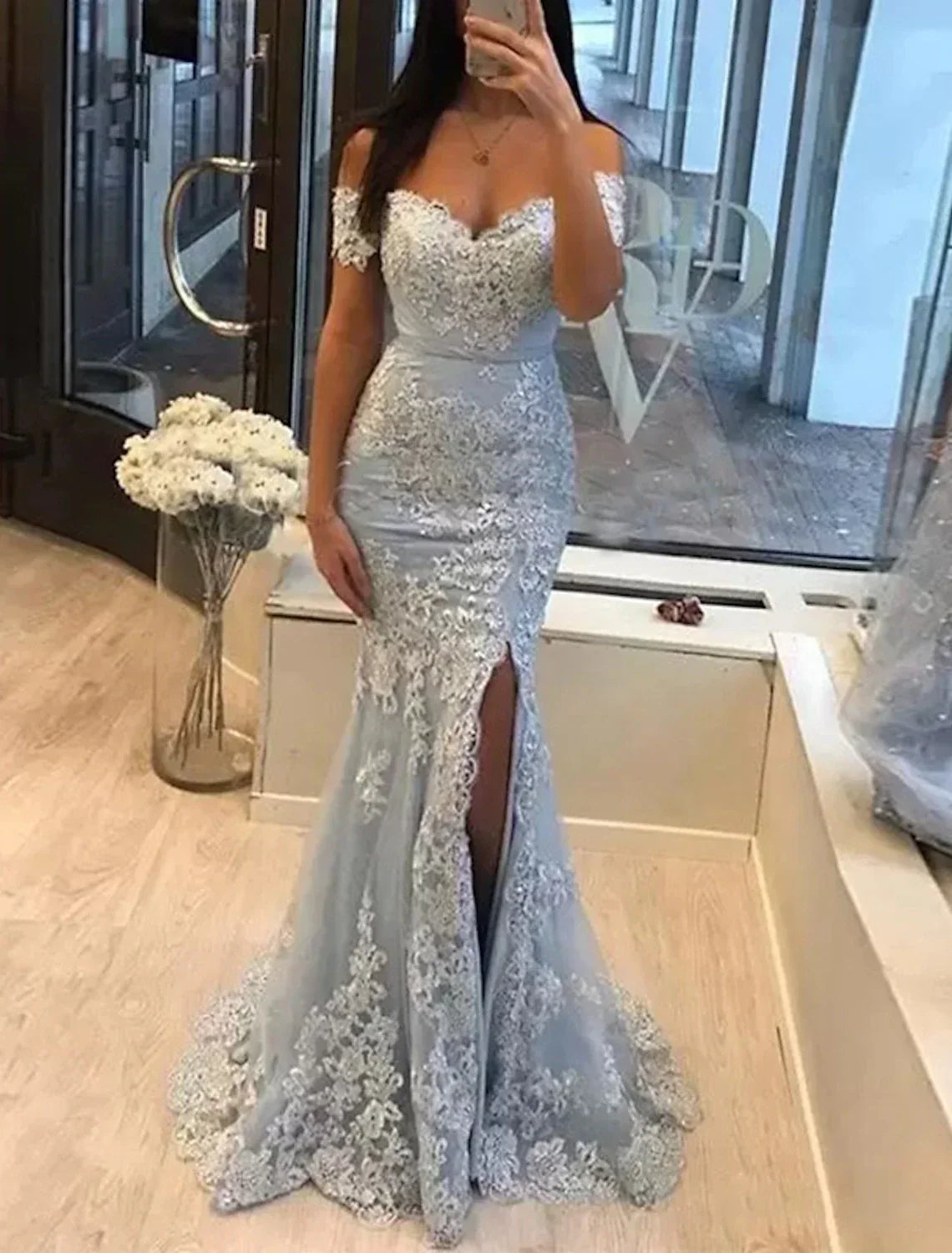 Mermaid Party Dress Prom Dresses Luxurious Dress Formal Wedding Guest Sweep / Brush Train Sleeveless Off Shoulder with Slit Appliques