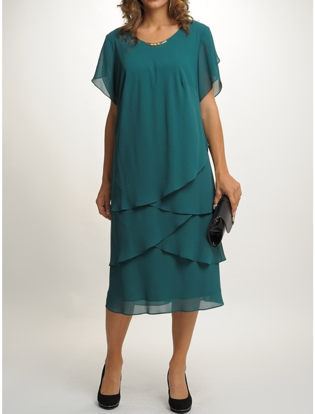 Sheath / Column Mother of the Bride Dress Wedding Guest Party Simple Elegant Scoop Neck Tea Length Short Sleeve with Tier